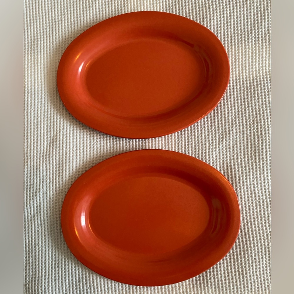 2 Vintage Melamine Oval Grill Plates. Coral/Orange color.